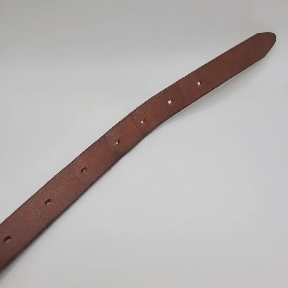 Brown Leather Belt Medium Skinny Thin Brass Buckle Dress Casual Boho Rustic